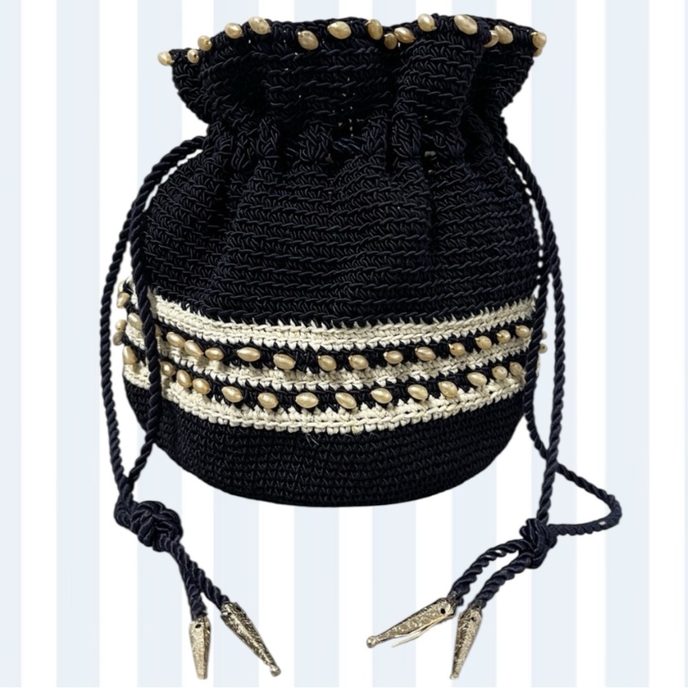 VTG 40s Navy Nautical Pearls Cinch Pouch Handbag Bag Purse Fabric